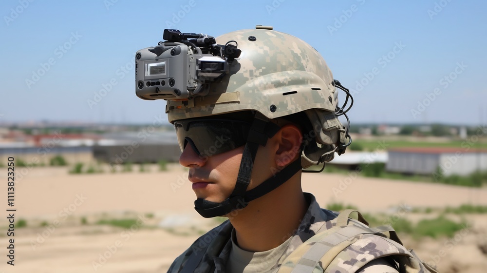 Poster drone capturing and transmitting live tactical footage displayed on a soldier s helmet visor in a co