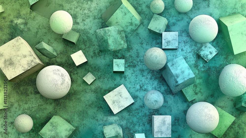 Poster gradient 3d spheres and cubes scattered across a soft pastel background, giving a sense of depth and