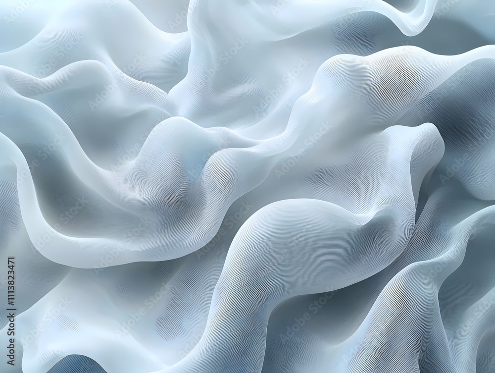 Poster an abstract composition of flowing, translucent waves in a misty blue and white palette, creating a 