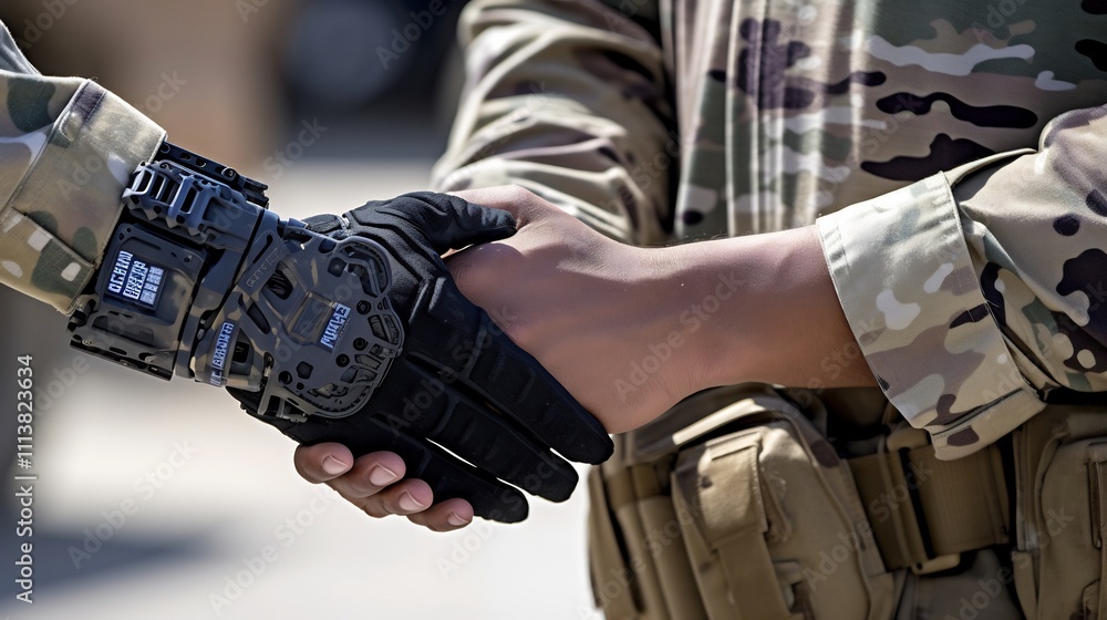 Poster high tech robotic arm providing efficient assistance in complex military logistics and processes