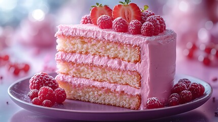 Elegant cake slice captured with pink layers and juicy berries in scenic picture