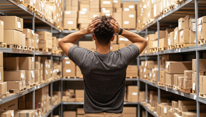 Frustrated employee searching through unorganized boxes in warehouse