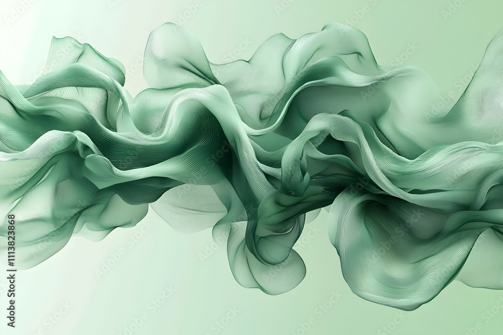 Poster A flowing abstract composition featuring delicate, translucent green fabric-like waves that create a sense of movement and tranquility against a soft gradient background.