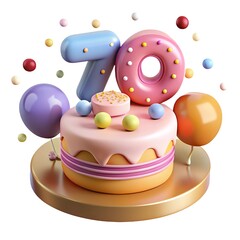 3D 70th Birthday Celeberation With Pastel Cake and balloons On White Background.