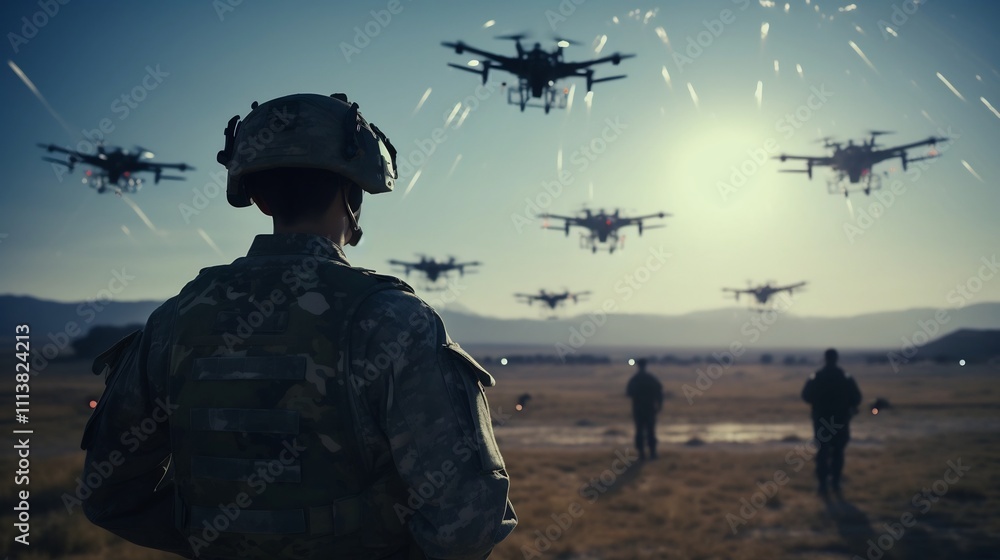 Poster futuristic military training exercise featuring a squad of soldiers coordinating with ai controlled 