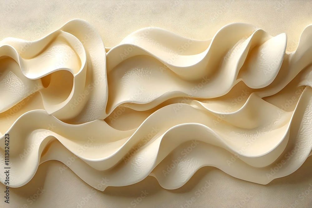 Poster a close-up view of elegant cream-colored fabric draped in smooth, flowing waves, creating a soft and