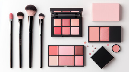 makeup setup with brushes, palettes, and well lit arrangement