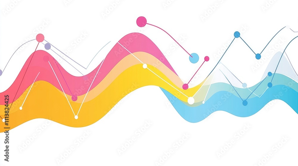 Poster minimalist line graph with bright colors against a white background, with smooth curves representing