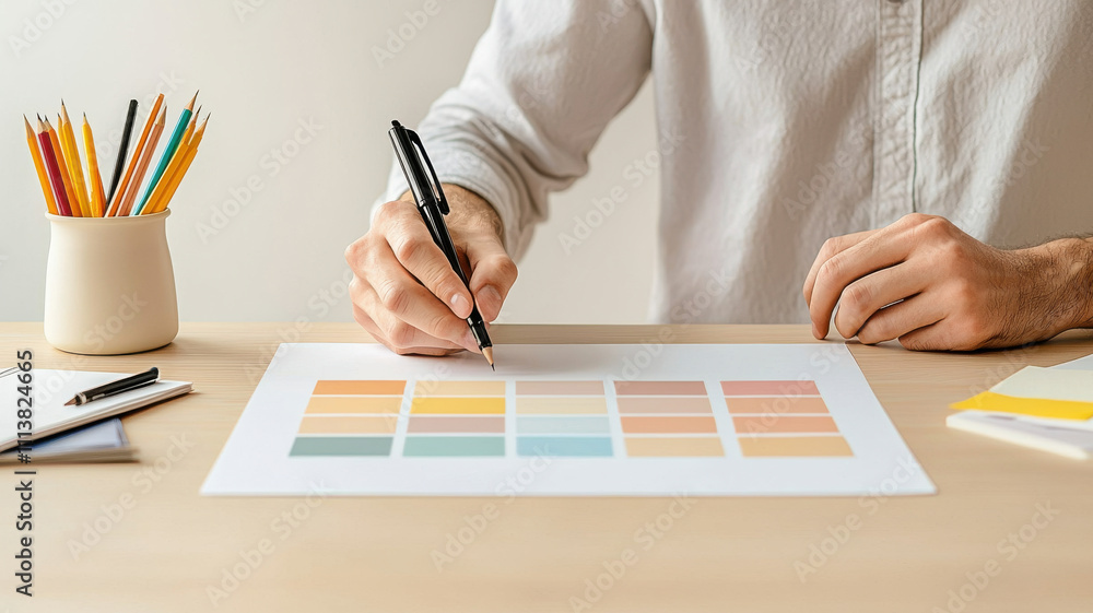 Poster person analyzing color palettes while documenting design progress