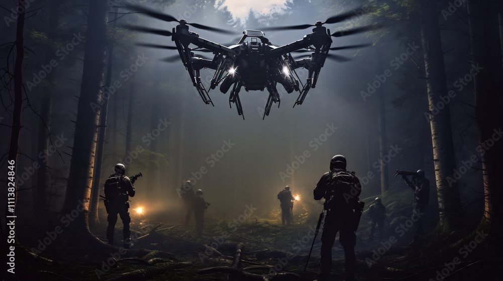 Poster coordinating a multidrone attack strategy from a mobile center on the battlefield