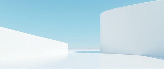 Minimalistic abstract architectural space with smooth white walls against clear blue sky, background for banners, design, banner