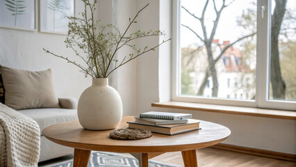 Minimalist Living Room Decor with Flower Vase and Books