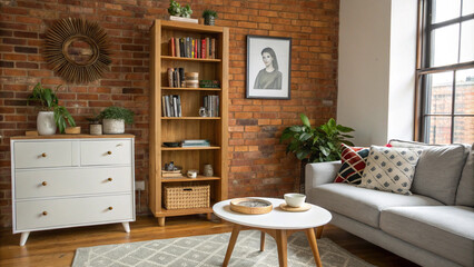 Fototapeta premium Mid-century Modern Living Room with Brick Wall
