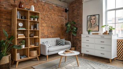 Modern Loft Living Room with Exposed Brick and Wooden Accents