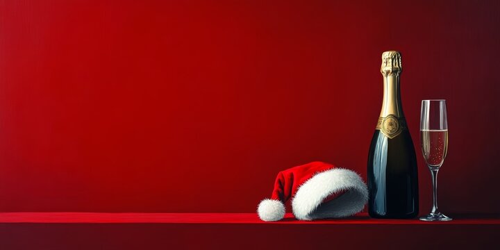 Closeup sparky festive champane bottle in black with Santa hat