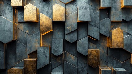 An abstract 3D grunge background illustration of a wall of rendered brass/gold/ metal, rustic and gold leaf effect squares and rectangles. Screensaver, backdrop