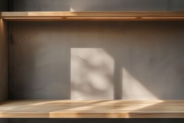 Empty wooden bookshelf with gray backdrop and backlight. Copy space.