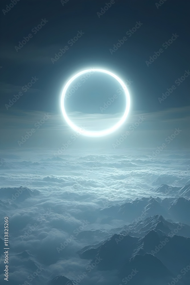 Poster a mystical scene capturing a glowing circular halo in a night sky above soft, rolling clouds and dis