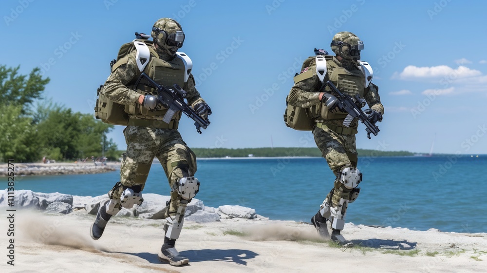 Poster soldiers wearing high tech robotic exoskeletons with advanced drone control systems testing the inte