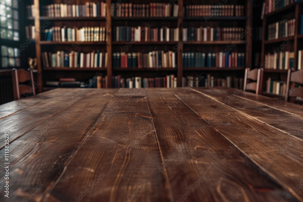 Poster empty wooden table in library. mockup for design empty wooden table in library. mockup for design