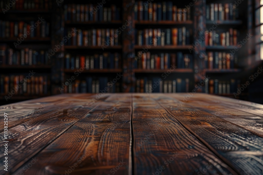 Poster empty wooden table in library. mockup for design empty wooden table in library. mockup for design