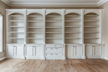 Empty house living room with white lacquered wooden bookcase.