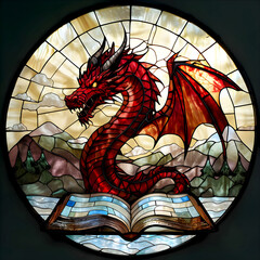 Circular stained glass window with a majestic red dragon as the central theme