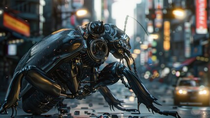 Fototapeta premium Half robot beetle in cyberpunk city, AI generated image
