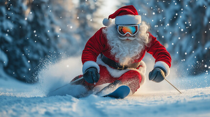 Schnelle Lieferung von Weihnachtsgeschenken auf die letzte Minute lustiges Motiv für Weihnachtskarte mit Weihnachtsmann der Ski fährt Skibrille Generative AI