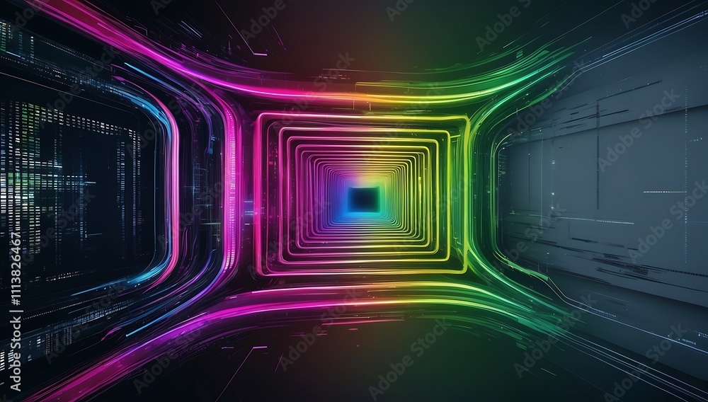 Poster neon tunnel of digital dreams: a mesmerizing 3d render of a futuristic digital space, featuring a vi