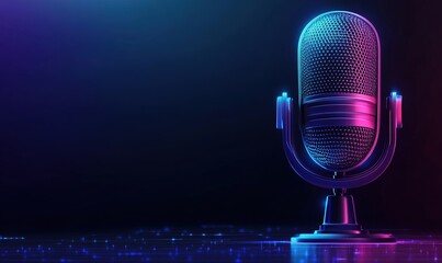 Background Featuring a Glowing Blue Microphone Icon, Designed for Recording Sound, Audio, Dark Audio, Music, and Voice Messages through Mobile Applications, or Commanding AI to Search for Information 