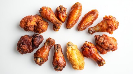 Obraz premium Overhead view of fried chicken wings and drumsticks arranged in a circular pattern on a white background, highlighting the crunchy texture