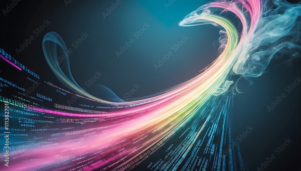Poster code stream: a vibrant rainbow of code streaks across a dark blue background, symbolizing the boundl