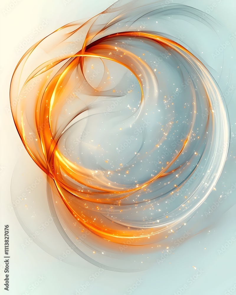 Poster an abstract swirl of orange and white, with shimmering particles, creating a sense of motion and flu