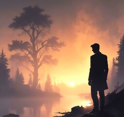 Fototapeta premium Illustration of man in suit silhouette with dramtaic background.