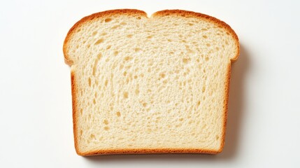 Overhead view of sliced bread with visible air pockets and a crusty golden edge, placed on a simple white background