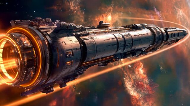 A cylindrical alien spacecraft traveling at high speed through space, its body glowing with energy conduits and surrounded by rotating rings generating propulsion.