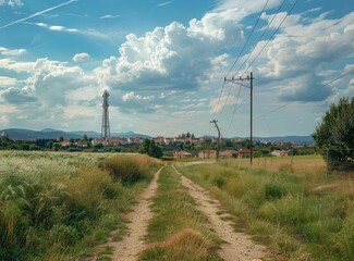 Countryside Path with Sky and Power Lines