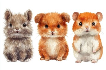 Three adorable cartoon-style furry animals, resembling hamsters, with cute expressions.