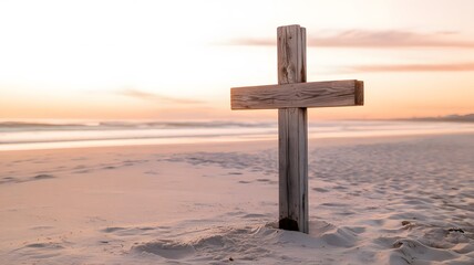 Wooden Cross on Beach with Seashells and Sunset View