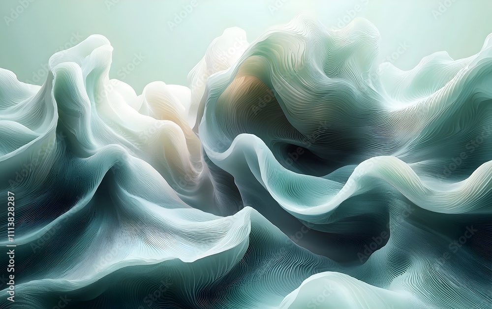 Poster an abstract representation of fluid, wave-like forms in soft hues of teal and white, evoking a sense