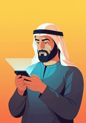 Illustration of Middle-Eastern man in traditional attire using smartphone