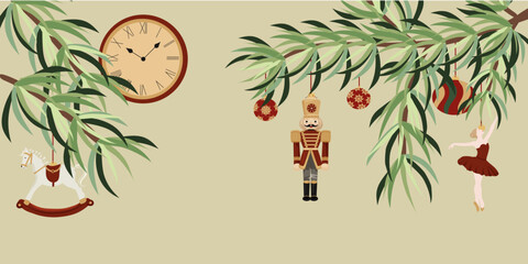 Merry Christmas conceptual background vector. Collection of nutcracker, ballet, wooden horse and ballerina. Design suitable for banner, invitation, decoration. © Arina