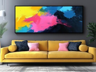 Abstract modern art painting in bold colors on a clean gallery wall.