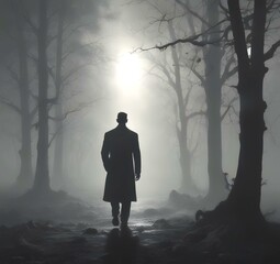Illustration of man in suit silhouette with dramtaic background.
