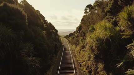 Scenic view of railway tracks stretching into the distance, framed by lush green trees on either side and a bright sky above