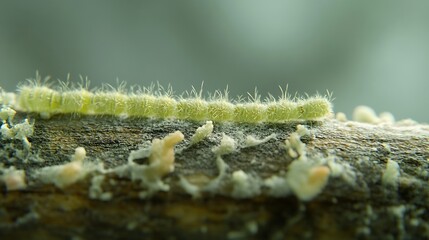 Fototapeta premium Green hairy caterpillar crawling on a textured surface