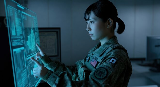 Asian female soldier using futuristic virtual touchscreen interface in military command center