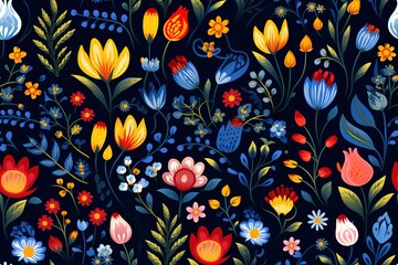 Seamless botanical pattern with hand drawn flowers, leaves, berries. Bright floral background. Vector texture for fabric, wallpapers, apparel, textile
