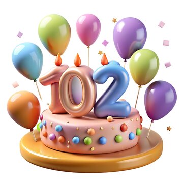 3D 102nd Birthday Celeberation With Pastel Cake and balloons On White Background.